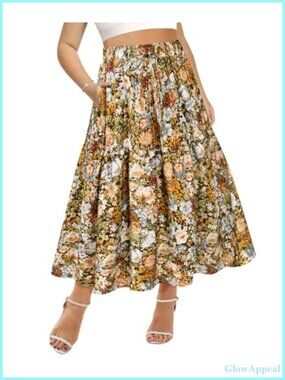 Plus Size Maxi Skirt Elastic High Waist Boho Pleated A-Line Tiered Long with